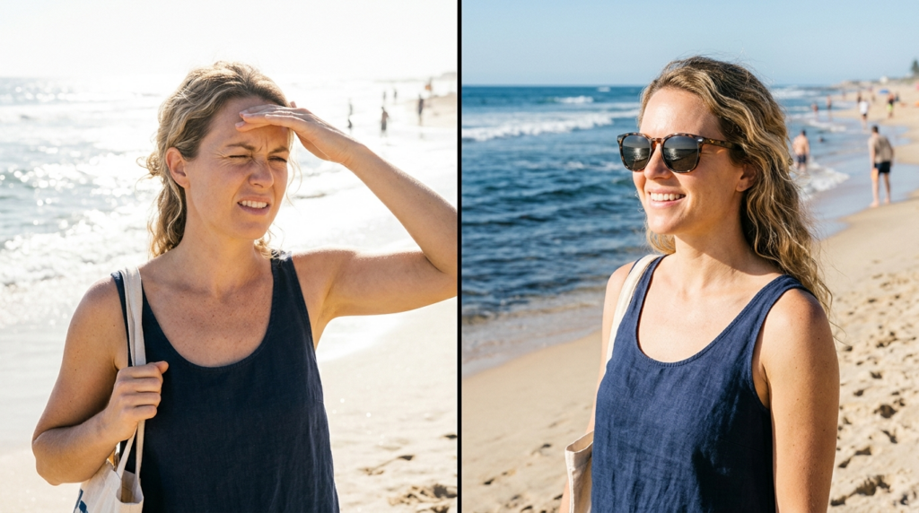 Split-screen comparison lifestyle image: left side shows a w