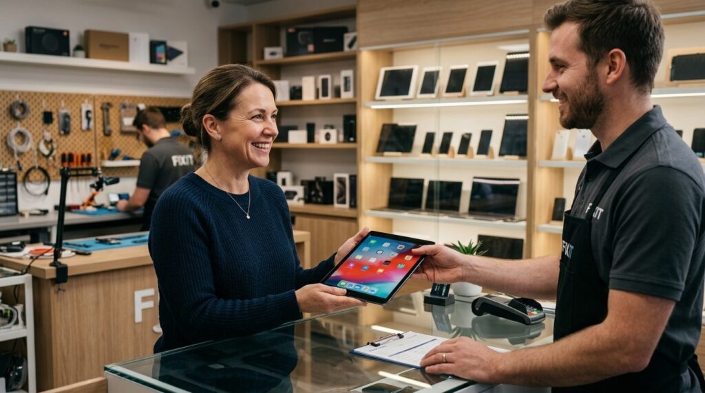 Close-up portrait of a customer in a contemporary electronic