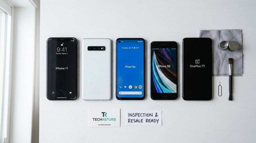 Flat lay product photography of used smartphones arranged on