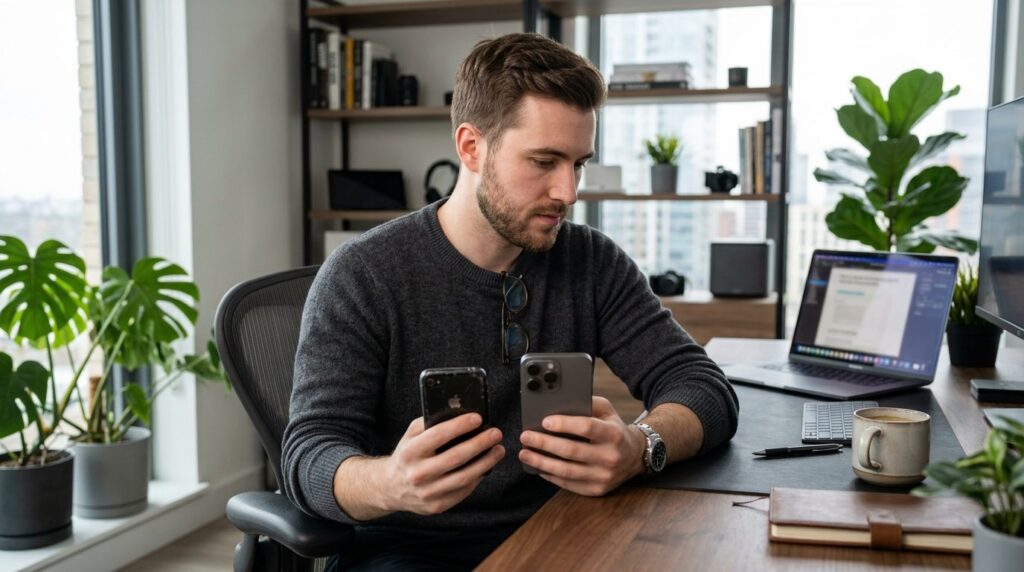 Young professional man comparing old and new smartphones sid