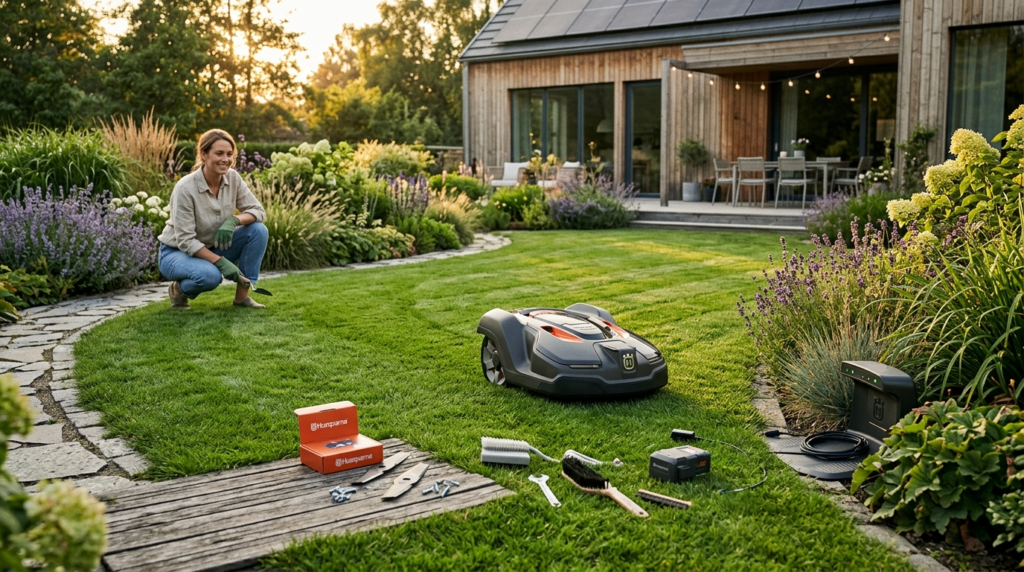 Contemporary home garden scene at golden hour with a well-ma