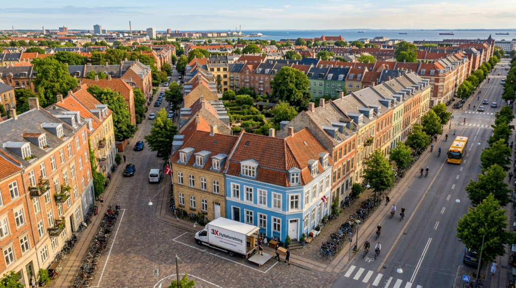 Aerial view of Copenhagen Østerbro residential streets with 