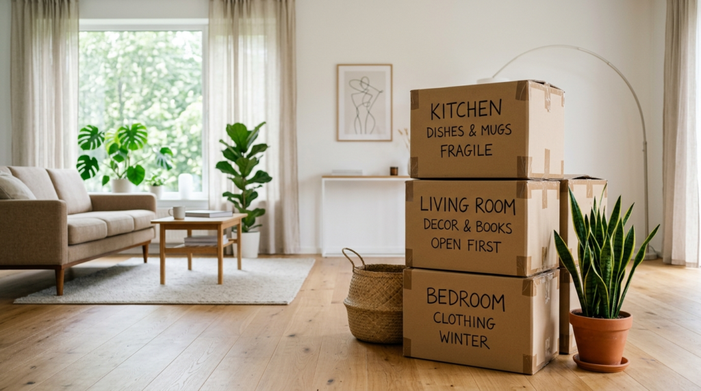 Close-up of organized moving boxes stacked strategically in 