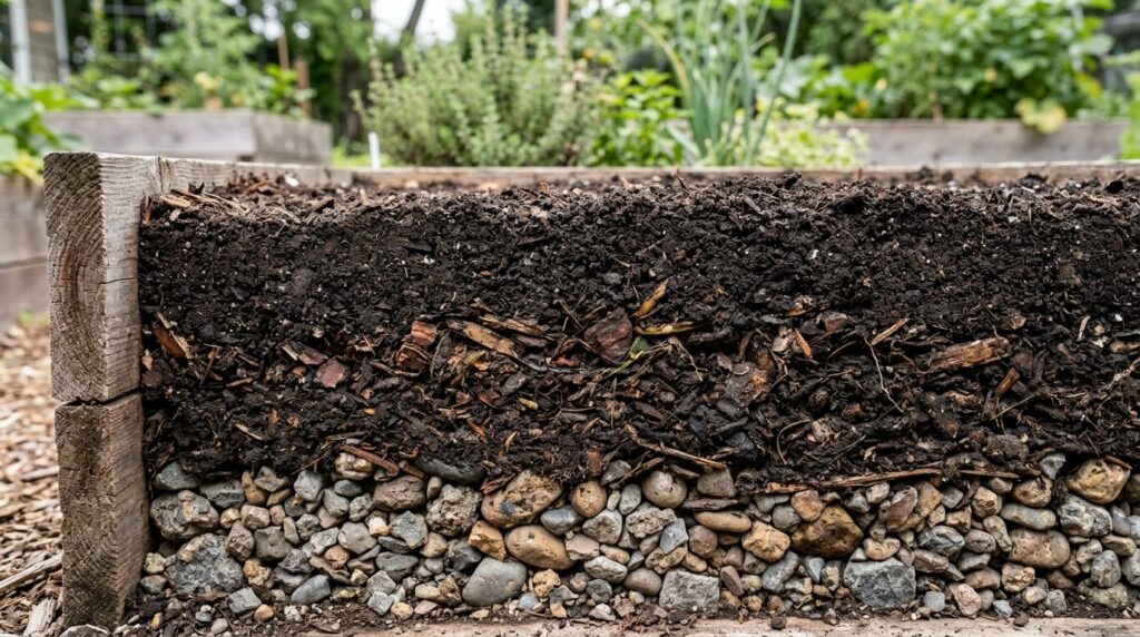 Close-up cross-section view of properly layered raised bed s