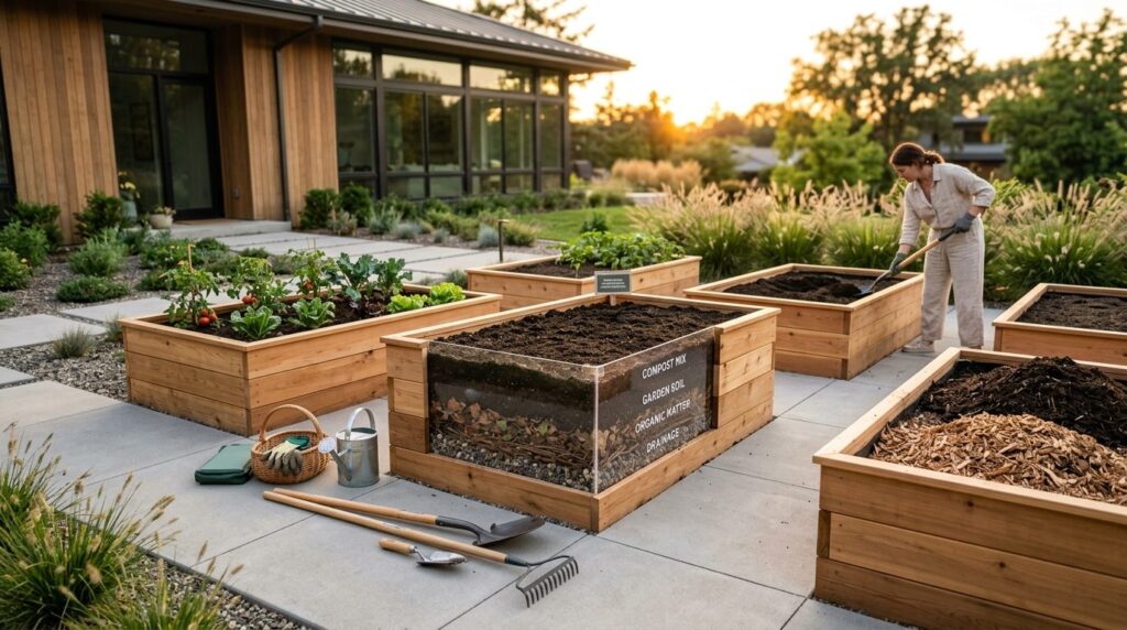 Wide angle modern garden scene showing multiple wooden raise