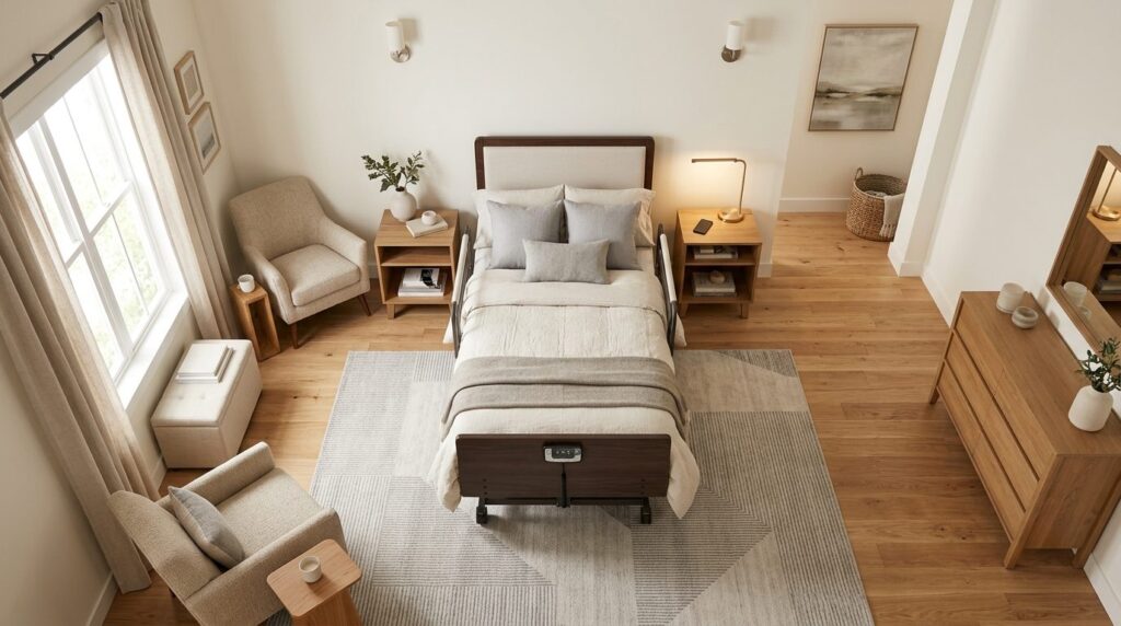 Overhead interior design shot of a well-organized bedroom sp