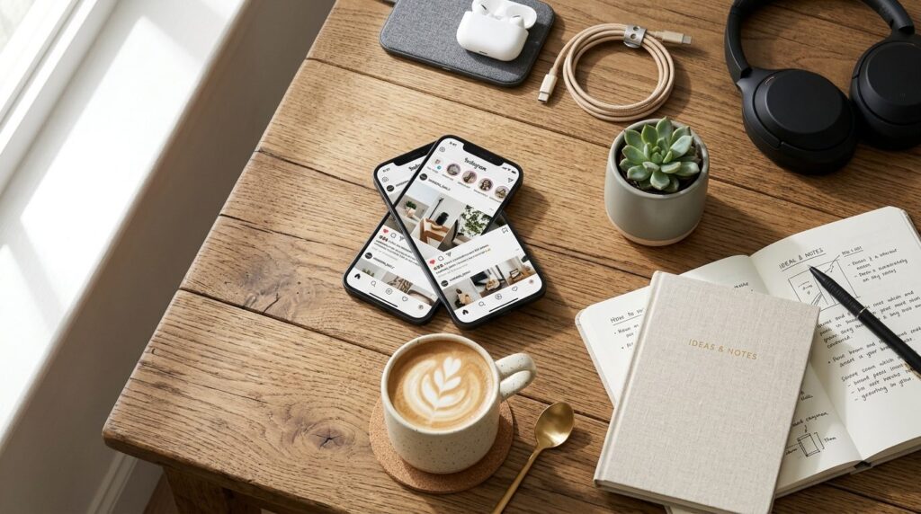 Flat lay of modern lifestyle brand essentials on wooden tabl