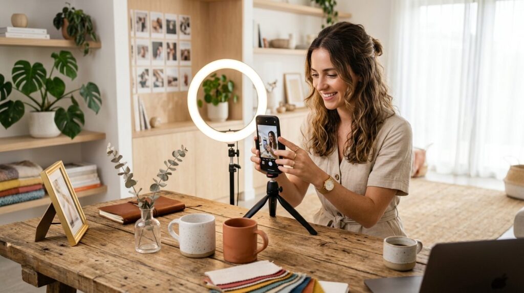 Young entrepreneur photographing lifestyle products for soci