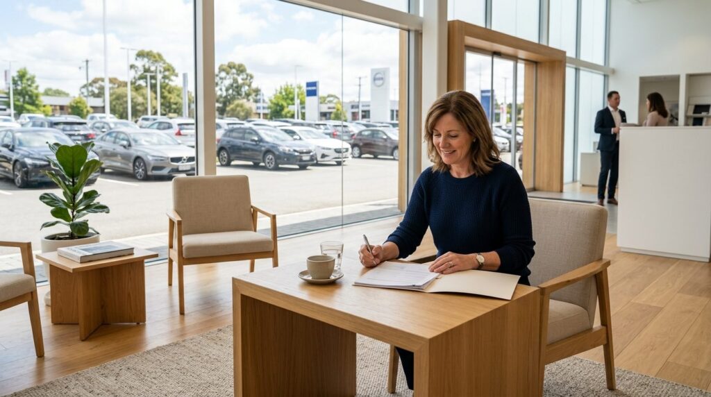 Modern dealership interior: A relaxed customer sitting in a 