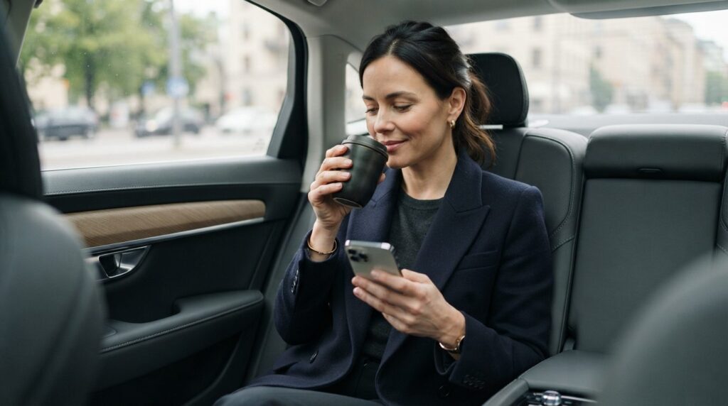 Close-up of a composed professional woman sitting in the bac