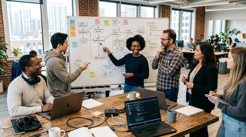 Diverse group of career changers in modern tech office durin