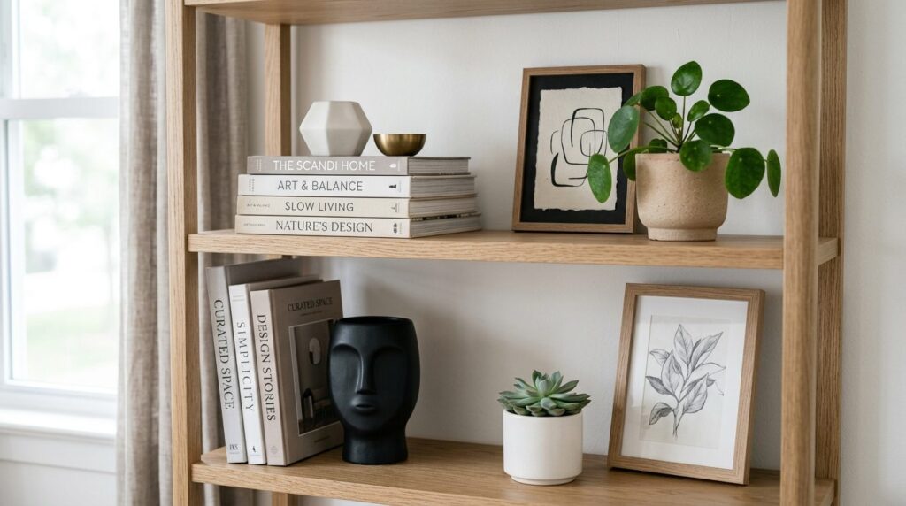 Close-up detail of elegantly arranged shelf styling with sta