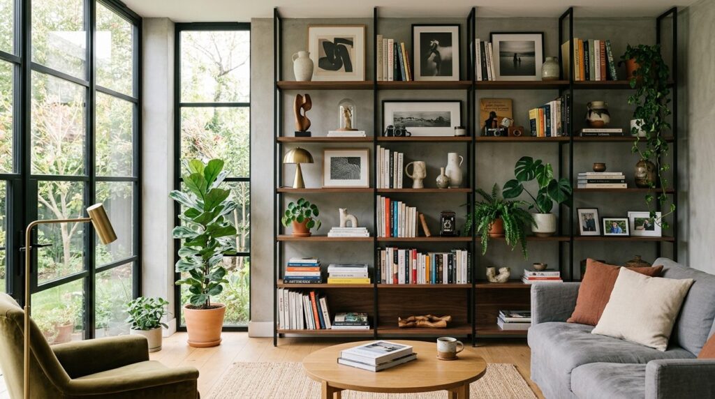 Modern living room wall with floor-to-ceiling shelving unit 