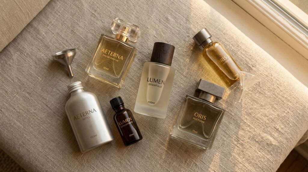 Close-up flat lay of premium fragrance bottles and refill co