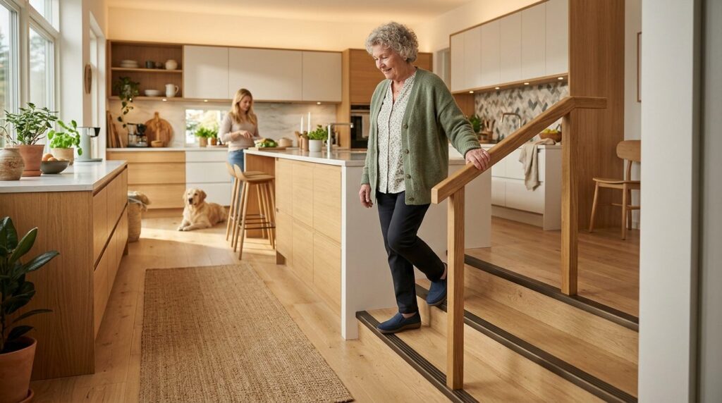 Contemporary residential kitchen with light oak flooring, sh