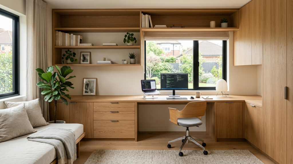 Contemporary home office interior with bespoke built-in desk